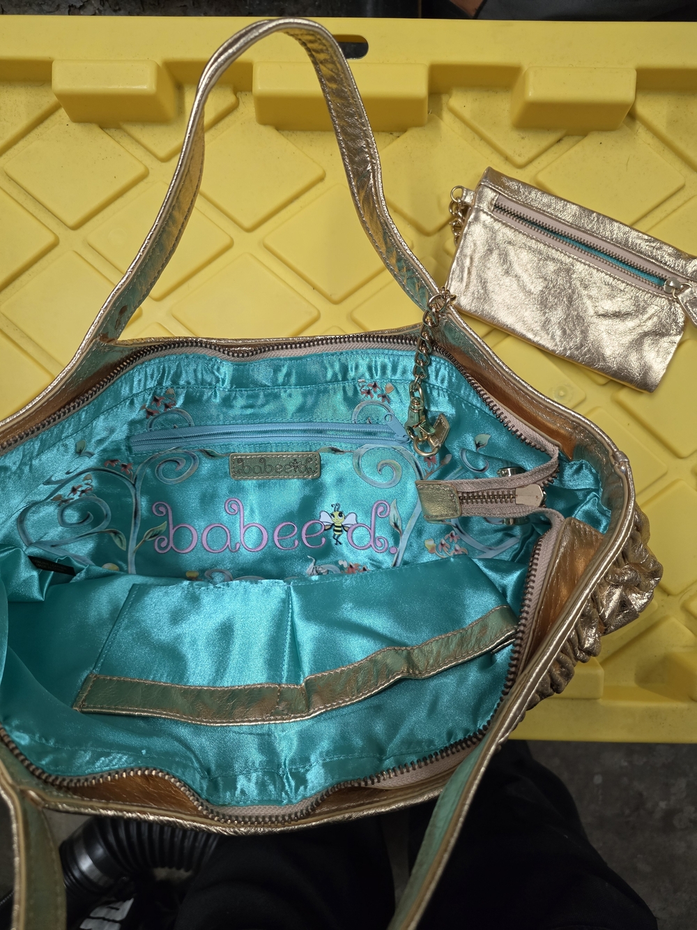 Metallic Gold Tote with Turquoise Satin Interior